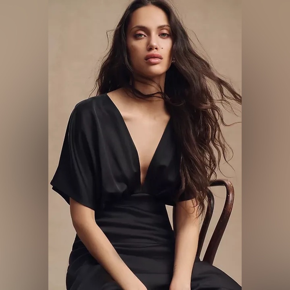 BHLDN Leila Deep V Flutter Sleeve Satin A-Line Gown